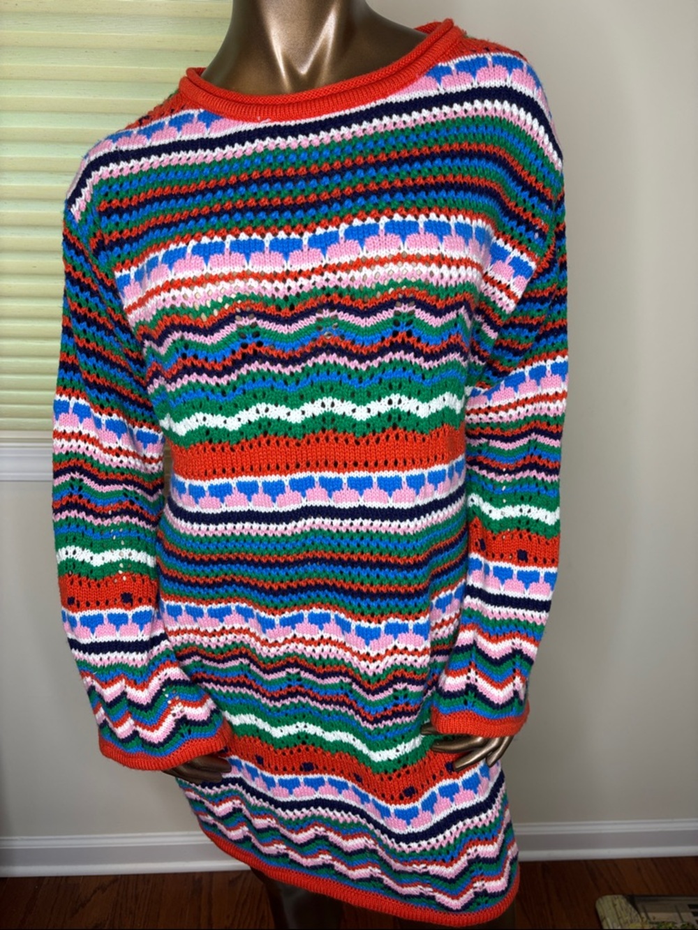 Colorful Striped Crochet Sweater Dress in Red, Green, Blue, Pink, White